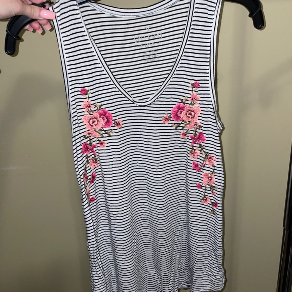 American Eagle Soft & Sexy Striped Tank Top with Floral Embroidery (Size XS)